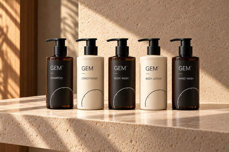 Five GEM-branded amber and ivory pump bottles on a warm stone surface.