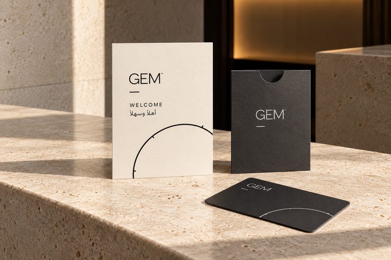 Concept image: a cream GEM welcome card, a dark key sleeve and a key card on a stone surface.