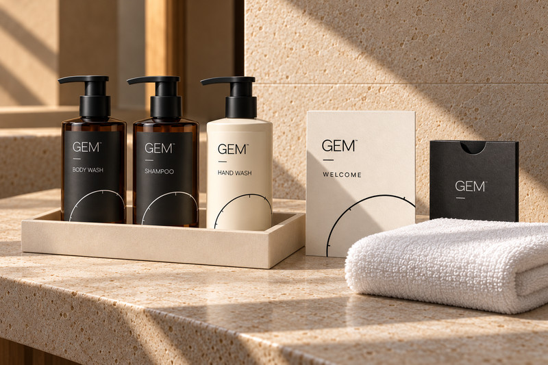 GEM-branded bottles and guest stationery arranged on warm stone beside a white towel.