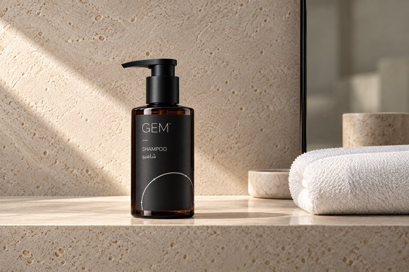 Concept image: an amber GEM shampoo bottle on a stone ledge. Its dark label reads GEM, then a short rule, then Shampoo in English with the Arabic name beneath, then an open field above a cropped ring.