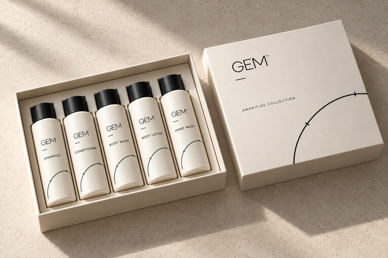 An open ivory GEM amenity box with five travel bottles and a branded lid.
