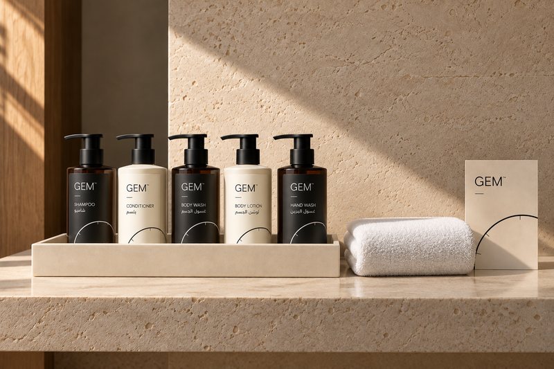 Concept image: five GEM pump bottles in a tray on a stone shelf beside a folded towel and a cream card.