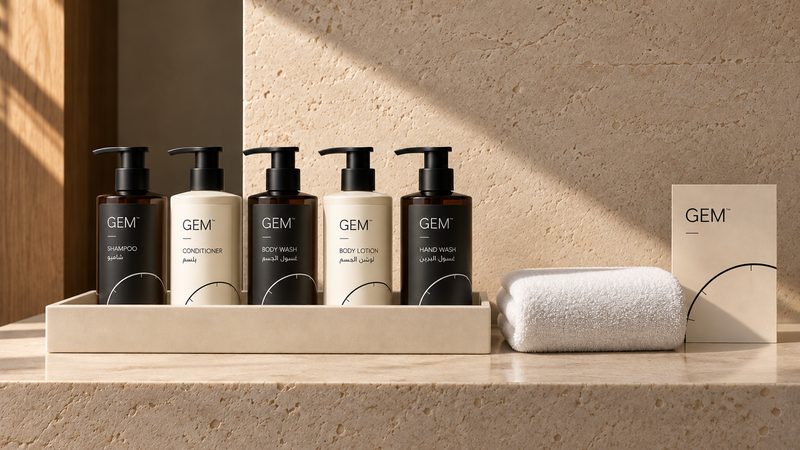 Concept image: five GEM bottles (shampoo, conditioner, body wash, body lotion, hand wash) in a tray on a stone shelf beside a folded towel and a cream card.